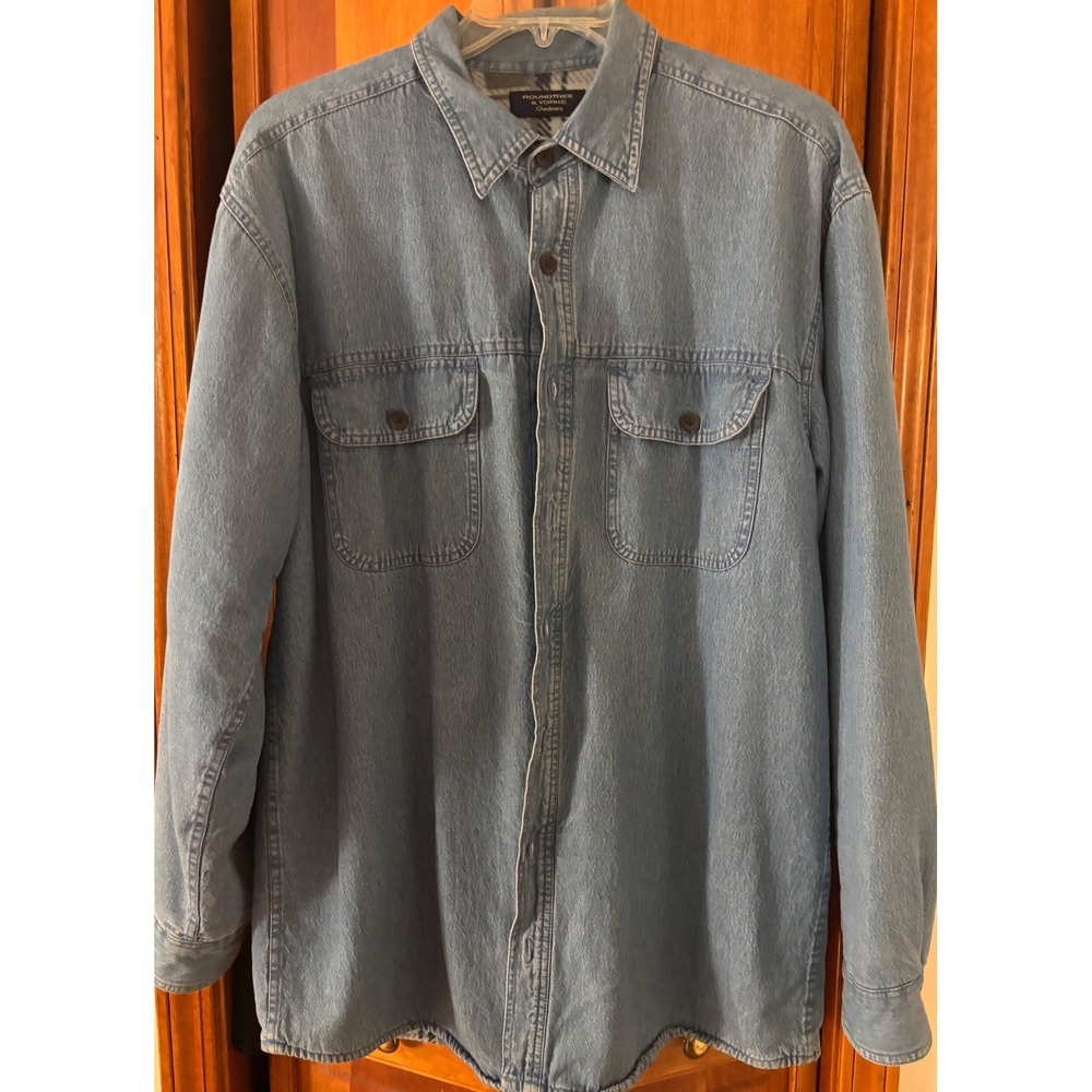 Roundtree & Yorke Outdoors Denim Shirt Jacket Mens LT Plaid Lined‎ Flannel